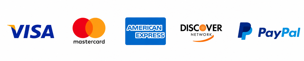Visa, Mastercard, American Express, Discover, and PayPal payment methods